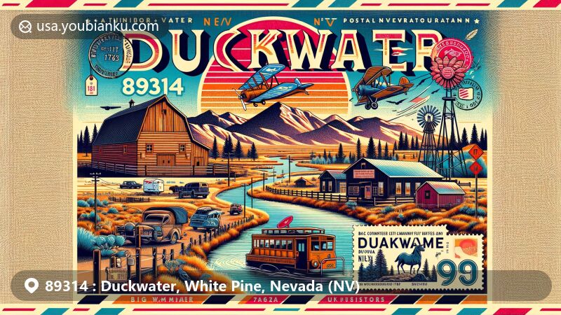 Modern illustration of Duckwater, White Pine County, Nevada, highlighting Duckwater Valley, Pancake Range, Duckwater Hills, and agricultural heritage, embracing Duckwater Shoshone Tribe connection, Big Warm Springs, and vintage postal elements with ZIP code 89314.