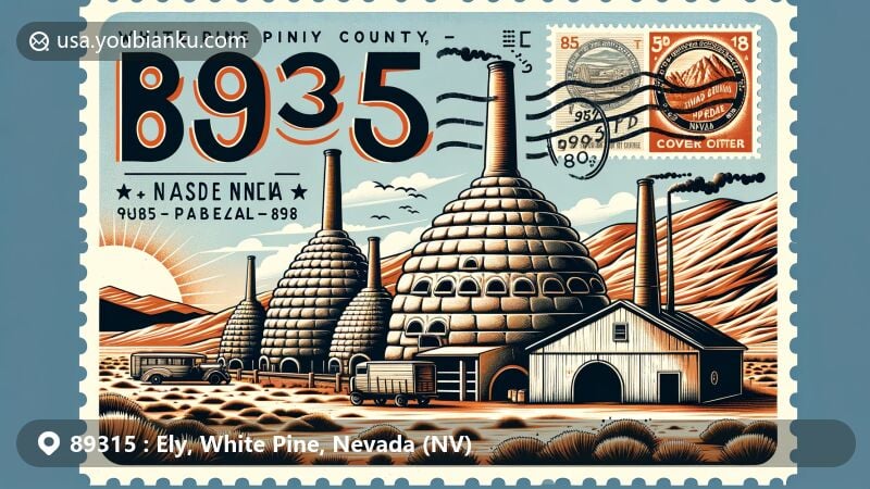 Modern illustration of Ely area in White Pine County, Nevada, capturing Ward Charcoal Ovens and vintage copper mining elements, with postal symbols like Nevada Northern Railway stamp, reflecting local culture and history.