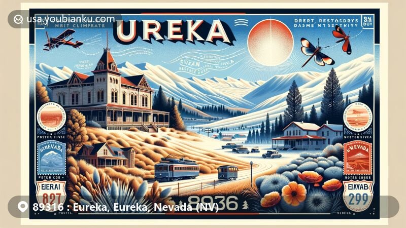 Modern illustration of Eureka, Nevada, celebrating ZIP code 89316, showcasing Eureka Opera House, Jackson House Hotel, sagebrush, Great Basin Bristlecone Pine, Nevada state symbols, and postal theme.