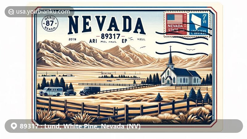 Modern illustration of Lund, White Pine County, Nevada, showcasing vast landscapes, Nevada State Highway 318, and a historic church, all symbolizing Lund's agricultural and ranching character.