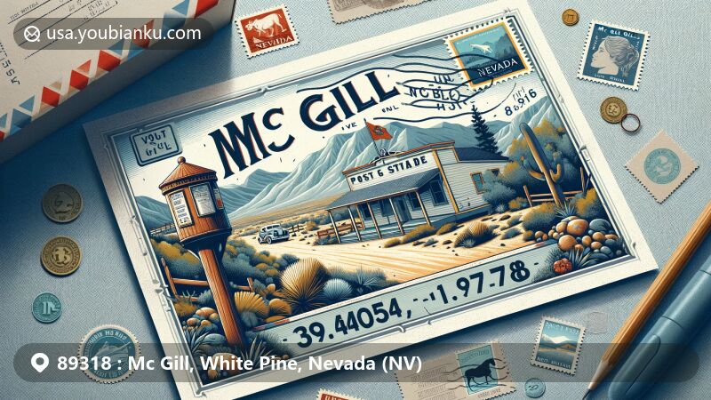 Modern illustration of Mc Gill, White Pine County, Nevada, capturing postal theme with ZIP code 89318, featuring McGill Drug Store Museum and Nevada state symbols.