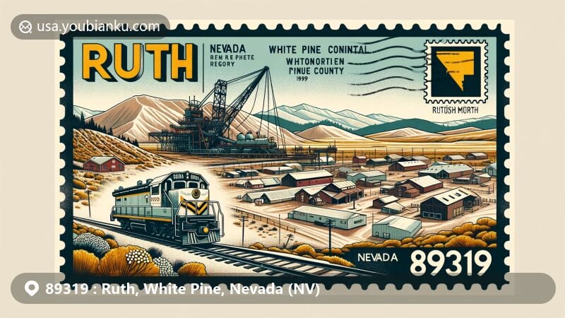 Modern illustration of Ruth, White Pine County, Nevada, featuring Robinson Mine and Nevada Northern Railway, with postal elements like a postal stamp, postal mark 'Ruth, NV 89319', and landscape of the Great Basin region.