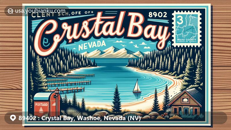 Modern illustration of Crystal Bay, Nevada, showcasing postal theme with ZIP code 89402, featuring pristine blue waters, dense pine forests, postmark, stylized postage stamp, mailbox, and mail delivery vehicle.