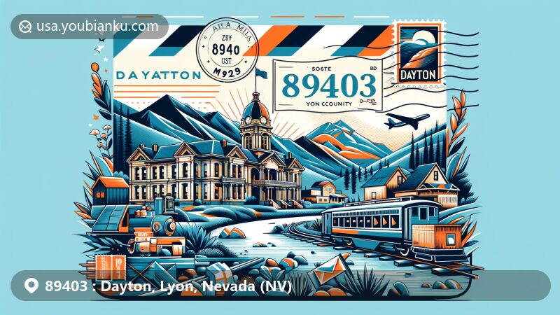 Modern illustration of Dayton, Lyon County, Nevada, featuring postal theme with ZIP code 89403, showcasing Carson River, historic courthouse, and elements of mining history.