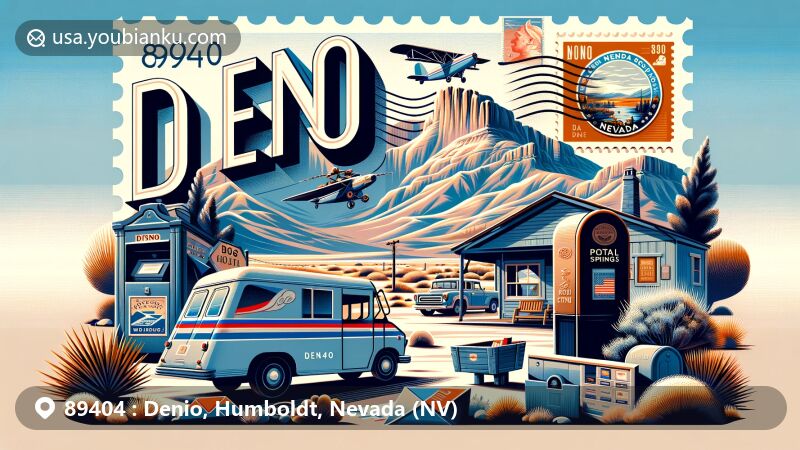 Artistic depiction of Denio, Nevada, embodying desert scenery and Bog Hot Springs, with a postcard motif and ZIP code 89404, incorporating Nevada history and postal elements.