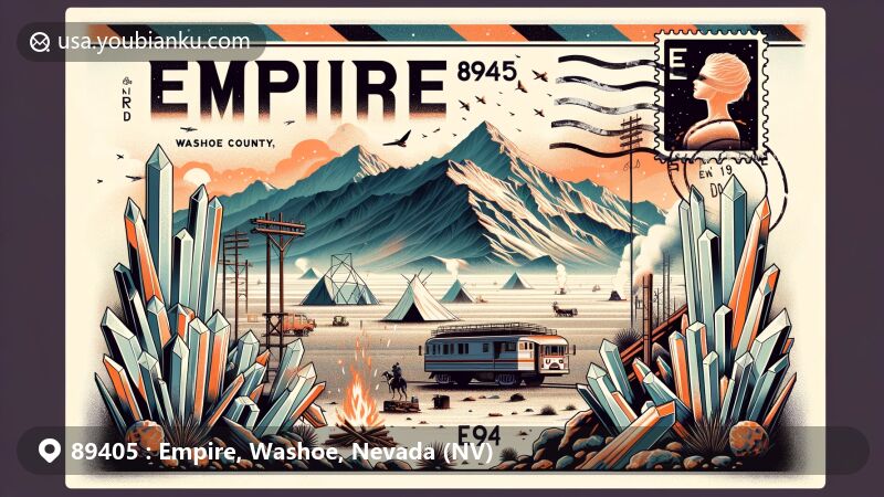 Modern illustration of Empire, Washoe County, Nevada, showcasing postal theme with ZIP code 89405, featuring gypsum mines, Black Rock Desert, and Nevada state flag.