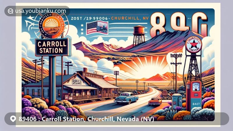 Modern illustration of Carroll Station, Churchill, Nevada, showcasing postal theme with ZIP code 89406 and elements of historic town, vineyard, and scenic beauty typical of western Nevada.