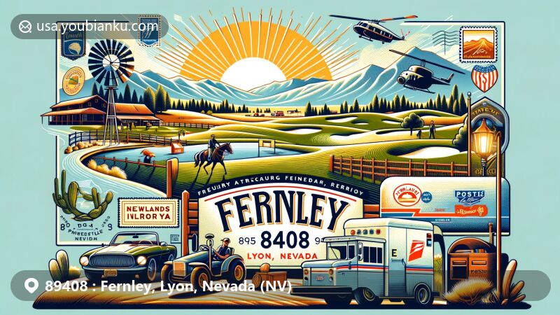 Modern illustration of Fernley, Lyon County, Nevada, blending local attractions like Wildhorse Golf Club and Fernley 95A Speedway with postal heritage, featuring agricultural elements reflecting its history, with imagery of vintage air mail envelope and postal symbols.