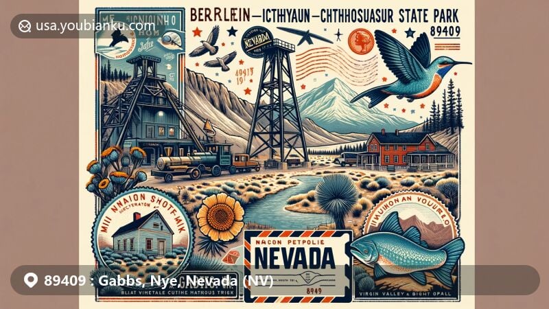 Modern illustration of Gabbs, Nevada, highlighting mining heritage and Berlin-Ichthyosaur State Park, with state symbols like the Mountain Bluebird and Sagebrush.