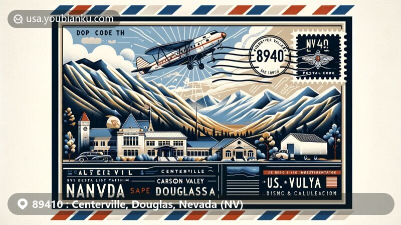 Modern illustration of Centerville, Douglas, Nevada (NV) highlighting ZIP code 89410 with Sierra Nevada mountains backdrop, postcard, Carson Valley Museum & Cultural Center, and U.S. Route 395.