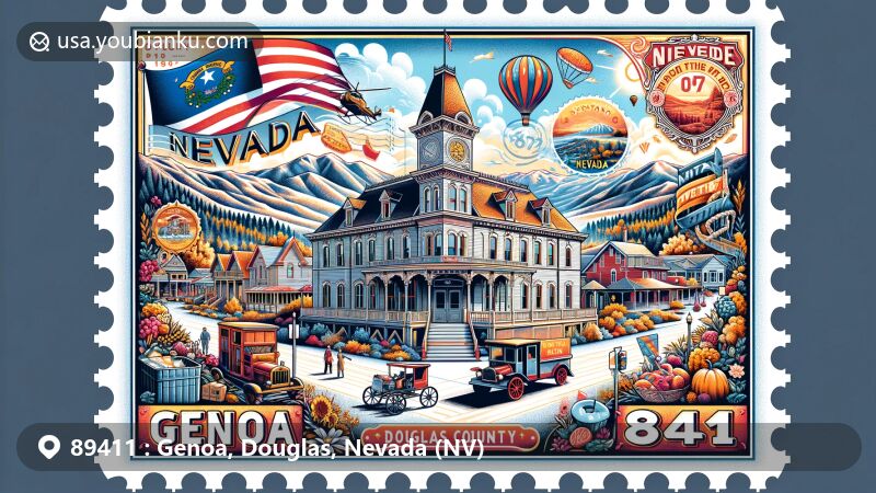 Modern illustration of Genoa, Douglas County, Nevada, highlighting ZIP code 89411, historic Genoa Courthouse Museum, Carson Valley scenery, Nevada state symbols, and postal theme elements.