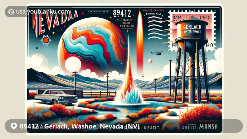 Abstract illustration of Gerlach, Nevada, with vibrant colors and geometric shapes, representing its unique and artistic community.