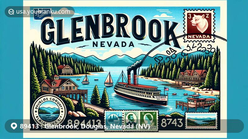Modern illustration of Glenbrook, Douglas County, Nevada, representing ZIP code 89413, showcasing the village on Lake Tahoe's east shore, known for supplying timber to the Comstock Lode and Virginia City.
