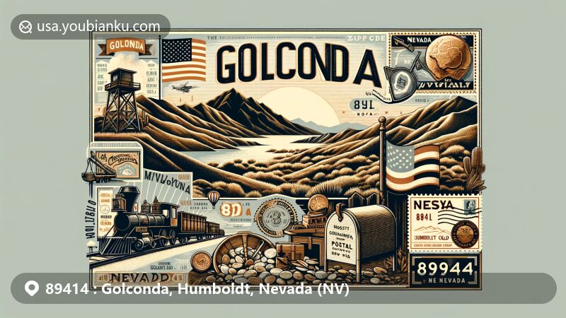 Modern illustration of Golconda, Nevada, showcasing postal theme with ZIP code 89414, featuring Humboldt County landscape, Humboldt River, and historical mining references.