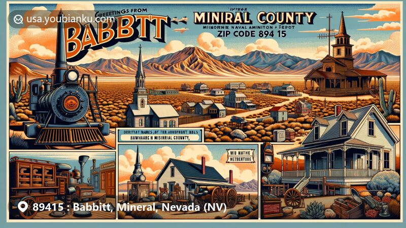 Modern illustration of Babbitt, Mineral County, Nevada, showcasing vintage postcard layout with ZIP code 89415, featuring historical housing, Hawthorne Naval Ammunition Depot, and street names honoring aircraft carriers. Includes references to Mineral County Museum's cultural heritage, mission bells, Victorian furniture, and mining artifacts.