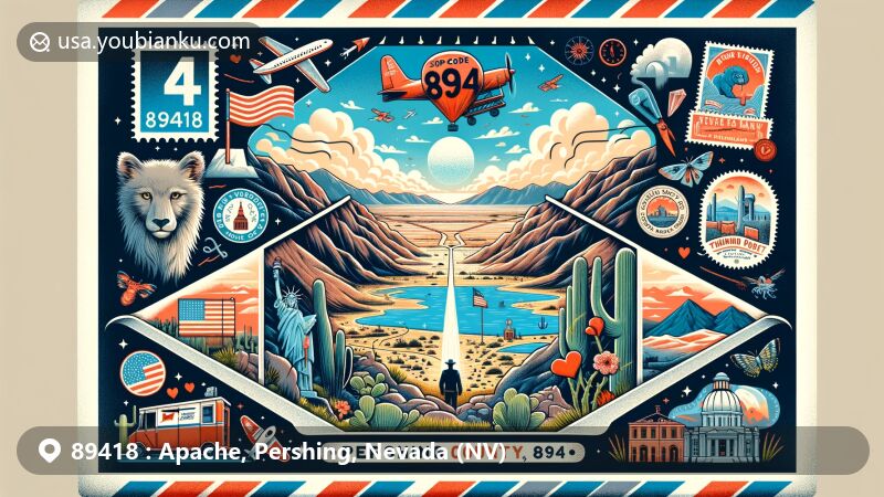 Modern illustration of Pershing County, Nevada, showcasing postal theme with ZIP code 89418, featuring Rye Patch Reservoir, Star Peak, Lover's Lock Plaza, and Thunder Mountain Monument.