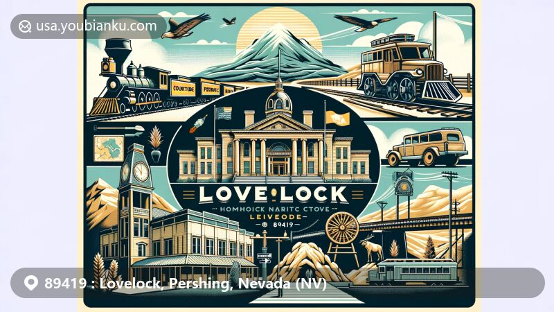 Illustration of Lovelock, Nevada, showcasing Central Pacific Railroad, Pershing County Court House, Lovelock Native Cave, Humboldt Trail, and Lovelock Paiute Tribe elements, in a modern postcard design with postal theme and ZIP Code 89419.