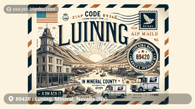 Modern illustration of Luning, Mineral County, Nevada, with postal theme highlighting ZIP code 89420, historic Main Street Plymire, and semi-arid desert landscape.