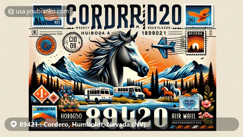 Modern illustration of Cordero area, Humboldt County, Nevada, with ZIP code 89421, showcasing Santa Rosa Range, Humboldt National Forest, wild mustangs, and Black Fire Opal.