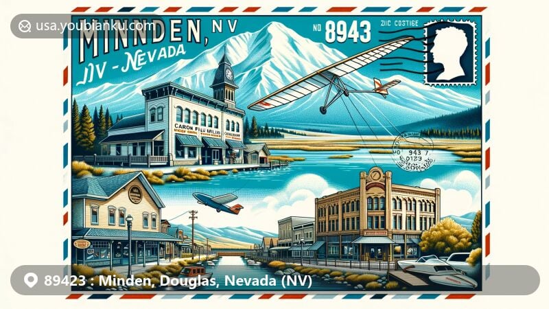 Modern illustration of Minden, Douglas County, Nevada, featuring glider soaring over Carson Valley, with iconic Minden Flour Milling Company building and creative postcard showcasing ZIP code 89423.