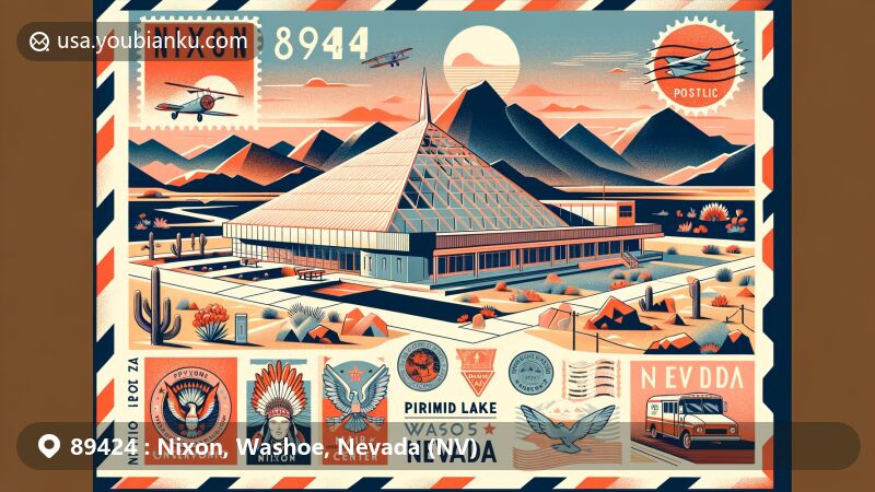 Modern illustration of Nixon, Washoe County, Nevada, showcasing postal theme with ZIP code 89424, featuring Pyramid Lake Museum and Visitors Center and desert landscape.