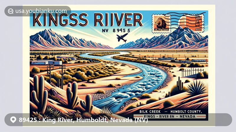 Modern illustration of Kings River, Humboldt County, Nevada, showcasing the ZIP code 89425, featuring the Kings River Valley's stunning arid landscapes, the meandering Kings River, and the Bilk Creek Mountains and Double H Mountains in the background.