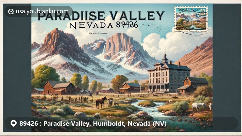 Modern illustration of Paradise Valley, Nevada, capturing the tranquil ghost town against the Santa Rosa Mountain Range, showcasing historical architecture and rich heritage.