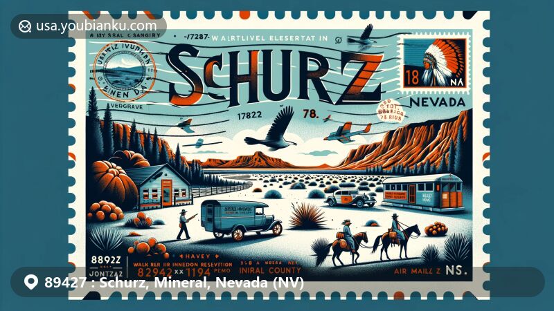 Modern illustration of Schurz, Nevada, highlighting semi-arid climate and desert beauty, with an elevation of 1,258 meters in Mineral County. Features include the Walker River Indian Reservation and a vintage air mail envelope, stamps, and postal mark '89427 Schurz, NV'.