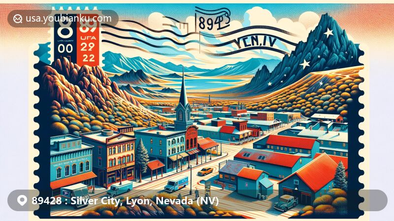 Modern illustration of Silver City, Nevada, showcasing ZIP code 89428 with near-ghost town allure, Devil's Gate rock formation, and remnants of old mining, set against Lyon County's rugged terrain and Sierra Nevada mountains. Features creative postal theme with vintage postcard frame, stamped envelope, mailbox, and postal truck, integrating Nevada state flag and Lyon County outline.