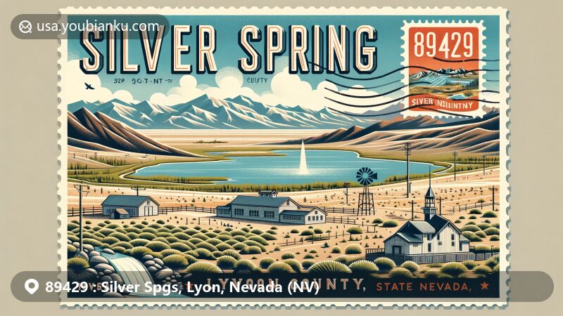 Modern illustration of Silver Springs, Lyon County, Nevada, featuring Lahontan Reservoir, Fort Churchill State Historic Park, and local wildlife or flora, set against a backdrop of Nevada's desert landscape and Sierra Nevada mountains, with postal elements like a vintage stamp and ZIP code 89429.