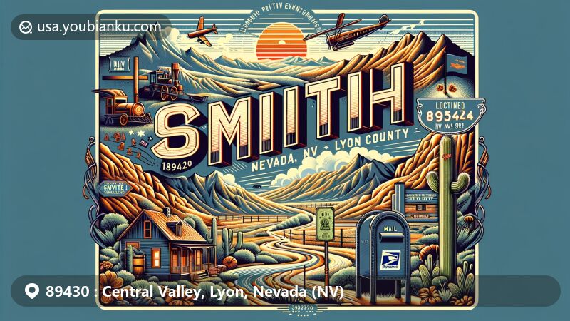Modern illustration of Smith, Nevada, Lyon County, featuring vintage postcard theme with postal elements like stamps, postmark 'Smith, NV 89430', and antique mailbox, incorporating Nevada and Lyon County symbols.