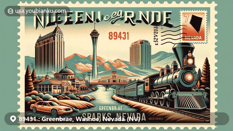 Modern illustration of Greenbrae in Sparks, Washoe County, Nevada, featuring notable landmarks and elements of Sparks, including the Truckee River and the wide temperature range from hot summers to cold winters. Postal theme with vintage postage stamp design, ZIP Code 89431, postmark, and silhouette of Nevada. Highlights Sparks' railroad heritage with 'Rail City' nickname and Southern Pacific Railroad history. Includes Nugget Casino Resort tower, symbolizing growth and development.