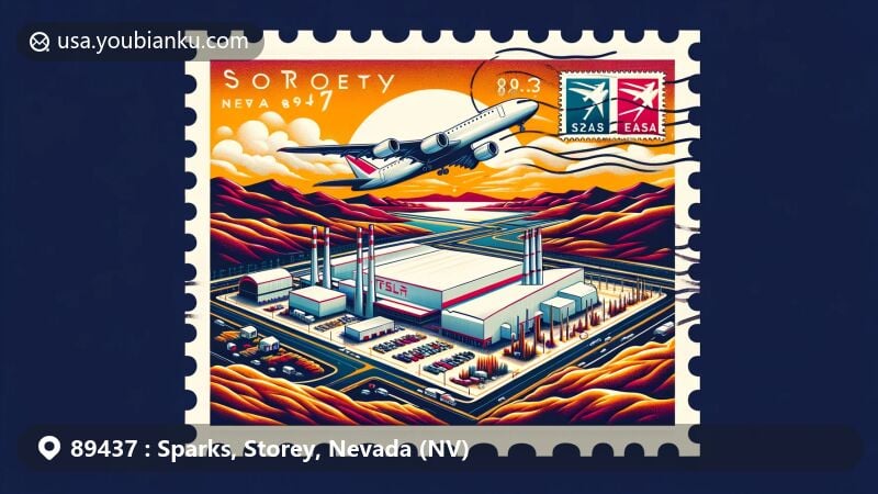 Innovative artwork representing the '89437' postal code area in Sparks, Storey, Nevada, highlighting Gigafactory as a symbol of innovation, surrounded by Nevada's arid landscape and postal elements.