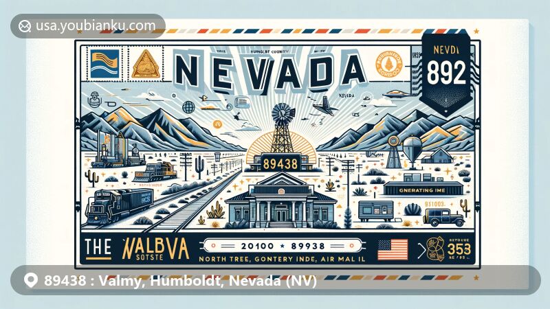 Modern illustration of Valmy, Humboldt County, Nevada, showcasing postal theme with ZIP code 89438, featuring Valmy post office, Nevada desert, Lone Tree gold-mining complex, Marigold mine, North Valmy Generating Station, and Nevada state flag.