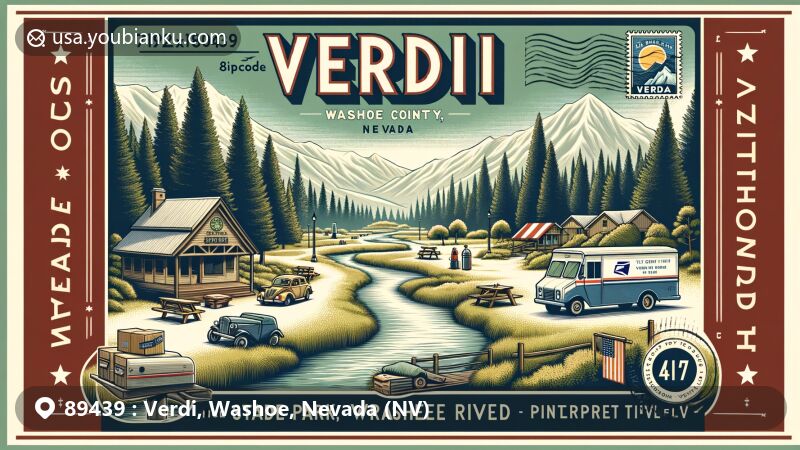 Modern illustration of Verdi, Washoe County, Nevada, featuring ZIP code 89439 and showcasing Crystal Peak Park with shade trees along the Truckee River, picnic spots, and interpretive trails, reflecting the area's history with Verdi Lumber Company and Verdi Glen Resort.