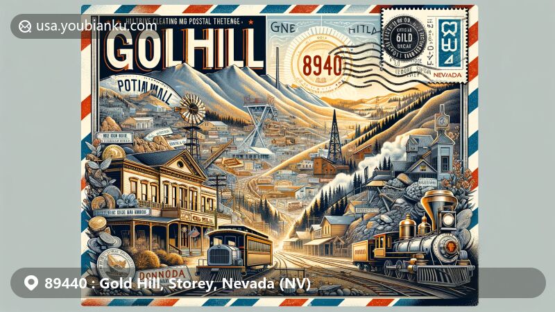 Modern illustration of Gold Hill, Nevada, showcasing postal theme with ZIP code 89440, featuring historic Gold Hill Hotel, Virginia & Truckee Railroad, Yellow Jacket, Crown Point, and Belcher mines, as well as Donovan Mill's advanced processing techniques. Includes Nevada state symbols.