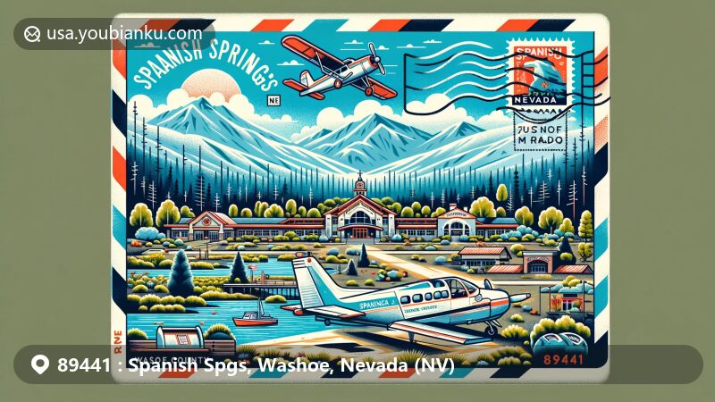 Modern illustration of Spanish Springs, Washoe County, Nevada, featuring the Spanish Springs Airport, high school, and scenic desert landscape, with Sierra Nevada mountains and state symbols. Postal theme with postage stamp and postal mark 'Spanish Springs, NV 89441.'