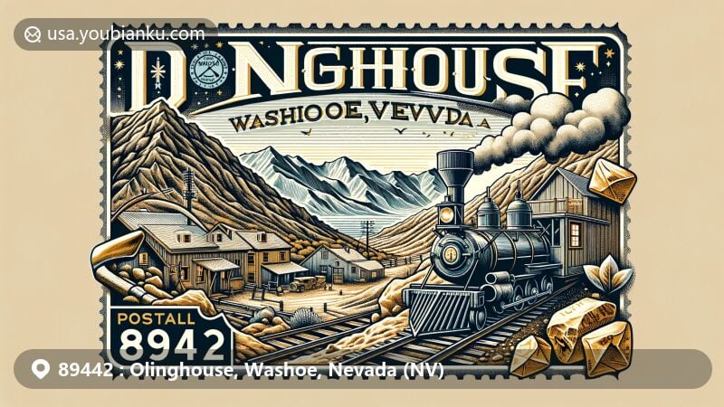 Modern illustration of Olinghouse, Washoe, Nevada (NV), capturing ZIP code 89442's historical and postal elements. Features the Pah Rah mountain range's rugged beauty, gold mining history with pickaxe and nuggets, vintage air mail envelope, and Nevada Railroad symbols.