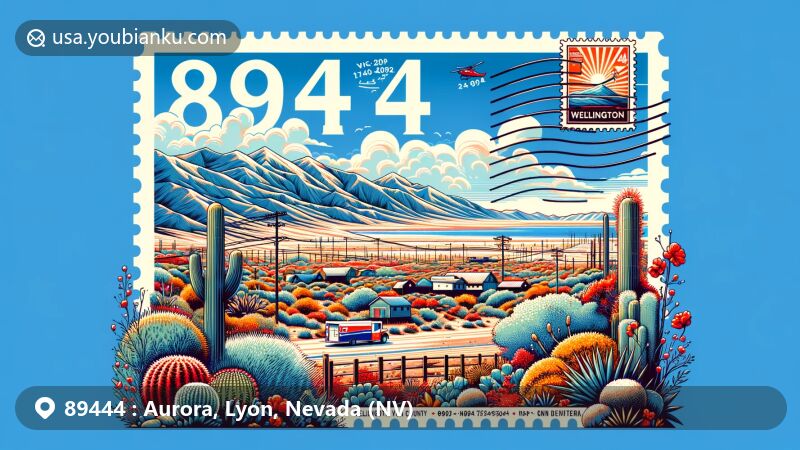 Modern illustration of Wellington area in Lyon County, Nevada, combining natural beauty with postal theme, featuring desert and mountain landscapes and ZIP code 89444.