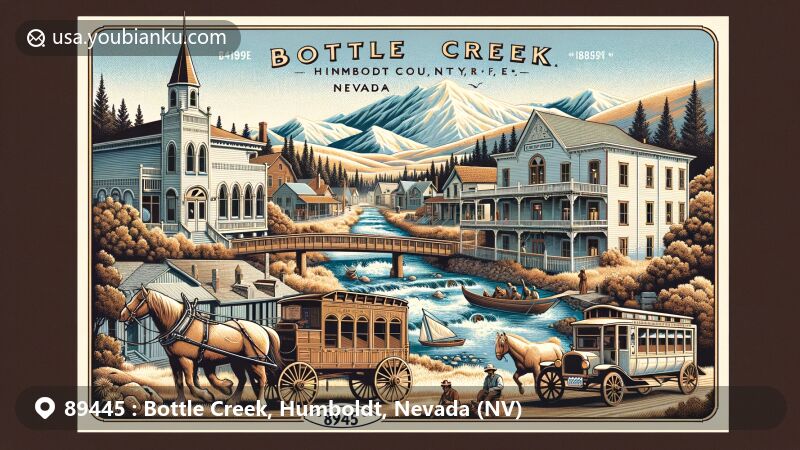 Modern illustration of Bottle Creek area, Humboldt County, Nevada, featuring Humboldt Museum, Victorian house, Greinstein Building, Richardson-Saunders House, Humboldt River, and postal elements with ZIP code 89445.