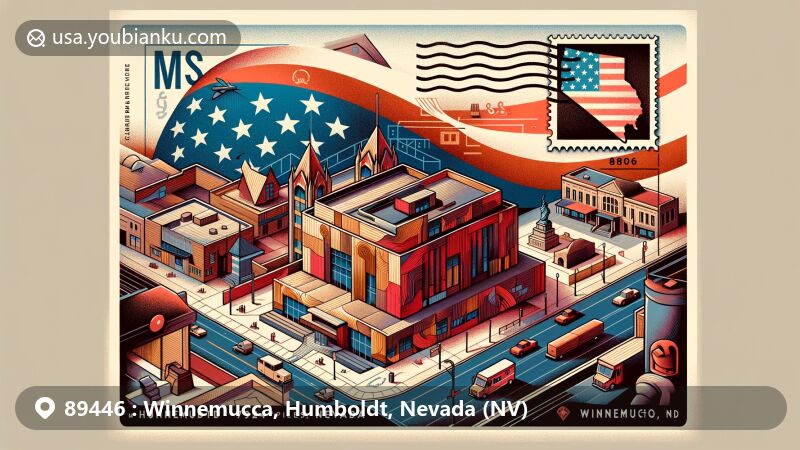 Contemporary illustration of Winnemucca, Humboldt, Nevada with ZIP code 89446, featuring stylized envelope with postage stamp of Humboldt Museum, surrounded by historic buildings like Greinstein Building and Richardson-Saunders House, incorporating Nevada state symbols and American elements.