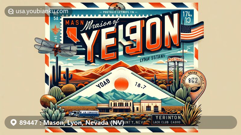 Contemporary illustration of Mason and Yerington area in Lyon County, Nevada, showcasing vintage air mail envelope with ZIP code 89447, featuring local landscape, Dini's Lucky Club Casino, and postal symbols.