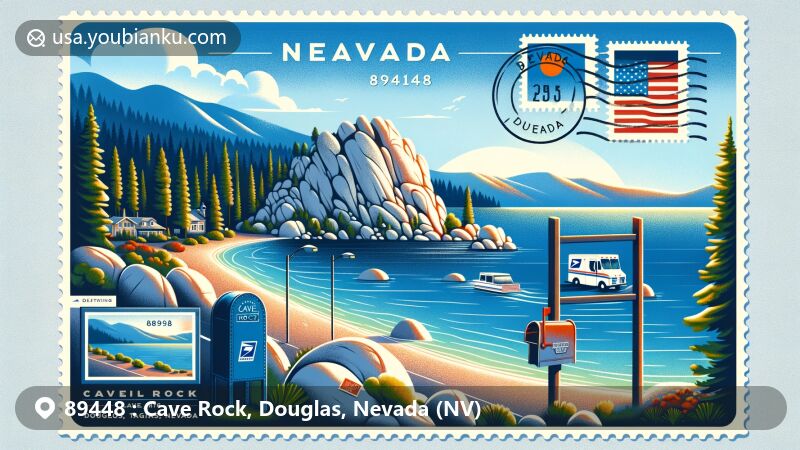 Modern illustration of Cave Rock area, Douglas County, Nevada, featuring iconic Cave Rock against Lake Tahoe, postal theme with ZIP code 89448, including Nevada state flag and subtle integration of mailbox and mail truck.