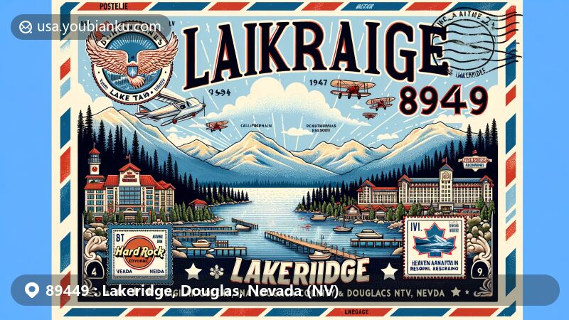 Modern illustration of Lakeridge, Douglas County, Nevada, featuring scenic Lake Tahoe, Harrah's Lake Tahoe, Hard Rock Hotel & Casino Lake Tahoe, and Heavenly Mountain Resort. Includes vintage postal elements with airmail envelope, postage stamp, and cancellation mark.