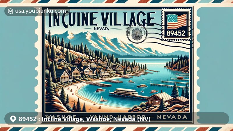 Modern illustration of Incline Village, Washoe County, Nevada, featuring postal theme with ZIP code 89452, highlighting scenic beauty of Lake Tahoe, Sandy Harbor beaches, and picturesque mountains, along with vintage air mail envelope and Nevada state flag stamp.
