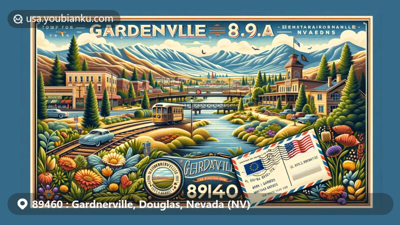 Modern illustration of Gardnerville, Douglas County, Nevada, capturing the essence of ZIP code 89460 with a postal theme. The image features a scenic view of Gardnerville against Sierra Nevada mountains, highlighting its Mediterranean climate and local landmarks like Heritage Park. A colorful postcard or envelope in the foreground symbolizes the town's heritage, with U.S. Route 395 and distinctive Nevada state flag stamp. The artwork showcases the beauty of Gardnerville, including Arbor Gardens and Martin Slough Natural Trail.