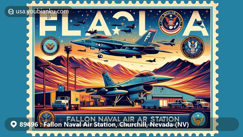 Modern illustration of Fallon Naval Air Station in Churchill County, Nevada, featuring key elements like Van Voorhis Field, TOPGUN Naval Fighter Weapons School, A-7 Corsair II, and F-16 Fighting Falcon.