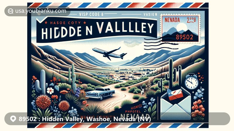 Modern illustration of Hidden Valley, Washoe County, Nevada, featuring Hidden Valley Regional Park, Washoe County silhouette, Reno/Tahoe International Airport, postal elements, and Nevada desert landscapes.