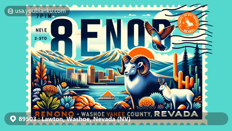 Modern illustration of Reno, Washoe County, Nevada, featuring state symbols: Desert Bighorn Sheep, Mountain Bluebird, Sagebrush, Single-Leaf Piñon, and Bristlecone Pine, in a postcard format with ZIP code 89503.
