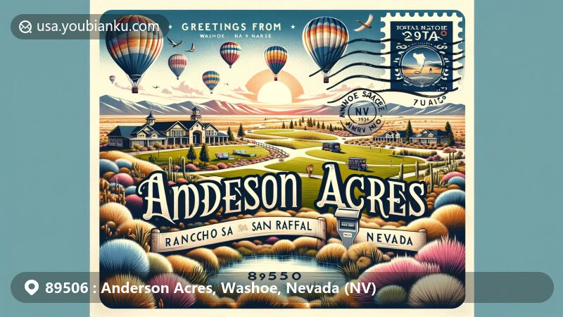 Modern illustration of Anderson Acres, Washoe County, Nevada, showcasing postal theme with ZIP code 89506, featuring Rancho San Rafael Regional Park and the Great Reno Balloon Race.